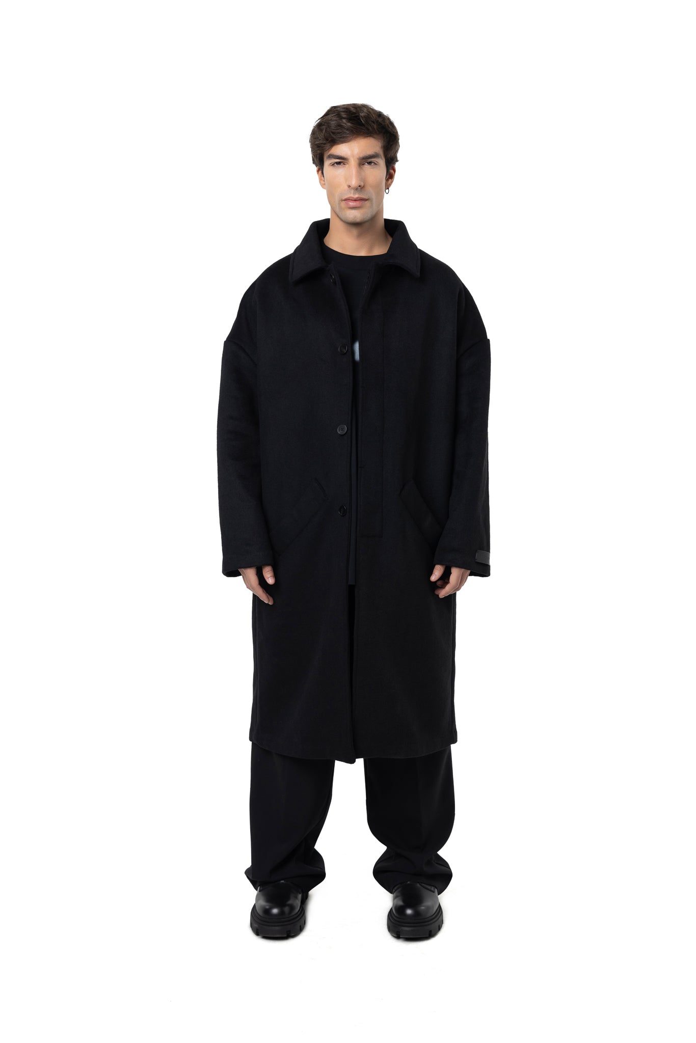 FREEMINDS BLACK WOOL TRENCH COAT